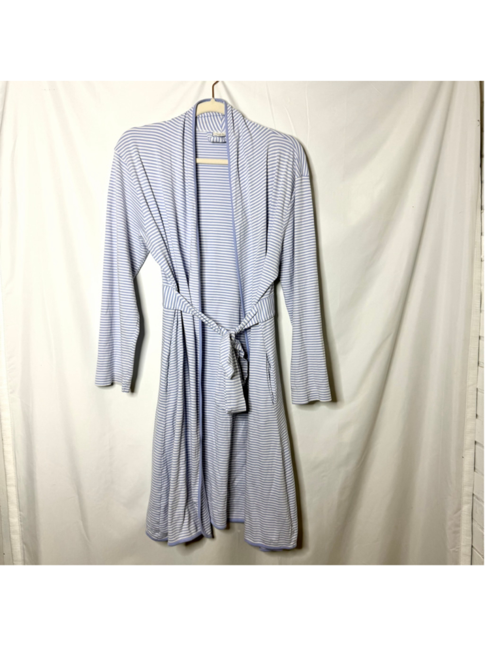 Women's LAKE Pima Cotton Striped Belted Robe, Size S, White and Blue